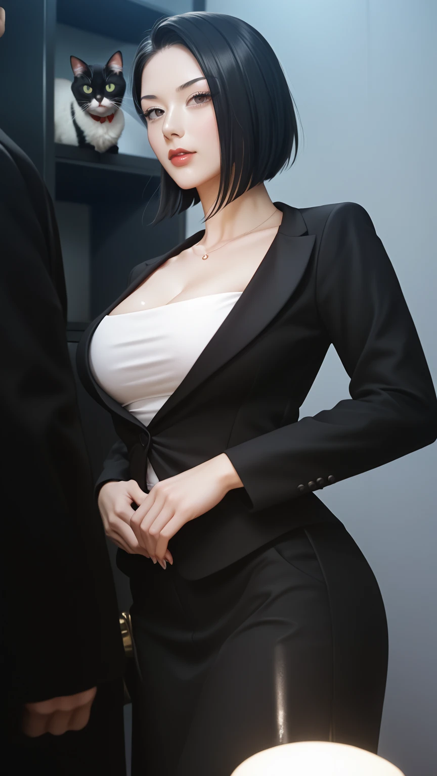 8K quality、High definition eyes、The attacking men、A female secretary is grabbed by a man、A man puts a woman on his hip、Brown and purple short hair、Brown eyes、Ring piercing of the earlobe、Bright sunshine、Office at dusk、Sweat、Suits that hang down to the chest、Short skirt、Beautiful legs、Beautiful thighs、Shot from above、Dignified face、Small breasts、Seduce your boss、slender、Model Body Type