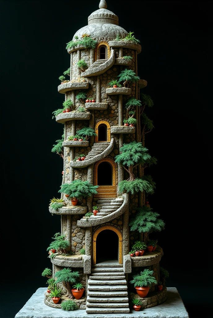 generate a scene reminiscent of a a "Incan architectural tower " inspired by M.C. Escher's signature style, incorporating impossible geometries, interconnected elements, and mind-bending perspectives. Focus on creating a seamless transition between foreground and background elements, with small potted green succulent, stairs, arches, and pathways that defy the laws of physics. Additionally, made out of silver turquoise and gold with black background 