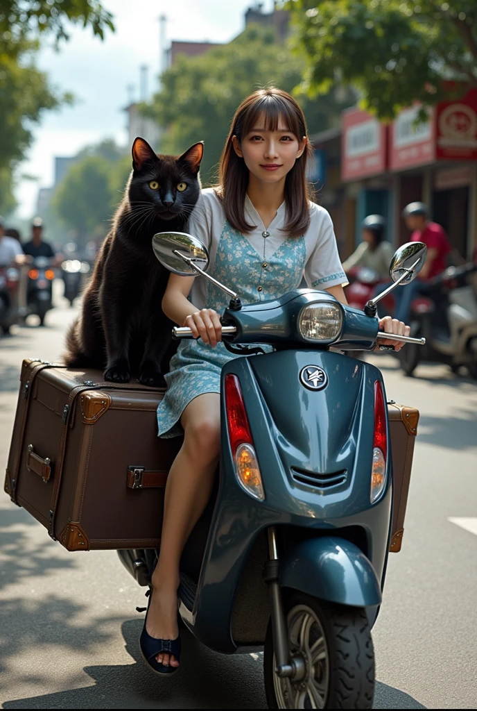 ultra-realistic, photorealistic, dramatic scene, shadow, global-illumination, solo, 1 girl\( 20 years old Japanese beautiful girl, beautiful with cute face, wearing snow patterned blue ao dai, shoulder-length brown hair, accessories, Vietnamese Non La hat\), 1 human-like giant black cat\( human-like giant black cat, white shirt with short sleeves, slight taller than the girl, holding a large suits case, little chubby, sitting on the rear seat of the scooter\), the girl is riding a Honda scooter with human-like giant black at the downtown street in Ho Chi Minh city in 2000, Cluttered streets, people walking on the sidewalks, rows of miscellaneous buildings, trees, Crowded with many motorcycles and scooters