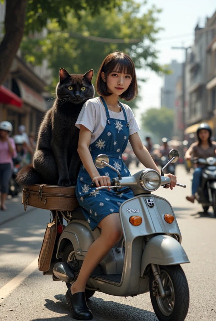 ultra-realistic, photorealistic, dramatic scene, shadow, global-illumination, solo, 1 girl\( 20 years old Japanese beautiful girl, beautiful with cute face, wearing snow patterned blue ao dai, shoulder-length brown hair, accessories, Vietnamese Non La hat\), 1 human-like giant black cat\( human-like giant black cat, white shirt with short sleeves, slight taller than the girl, holding a large suits case, little chubby, sitting on the rear seat of the scooter\), the girl is riding a Honda scooter with human-like giant black at the downtown street in Ho Chi Minh city in 2000, Cluttered streets, people walking on the sidewalks, rows of miscellaneous buildings, trees, Crowded with many motorcycles and scooters