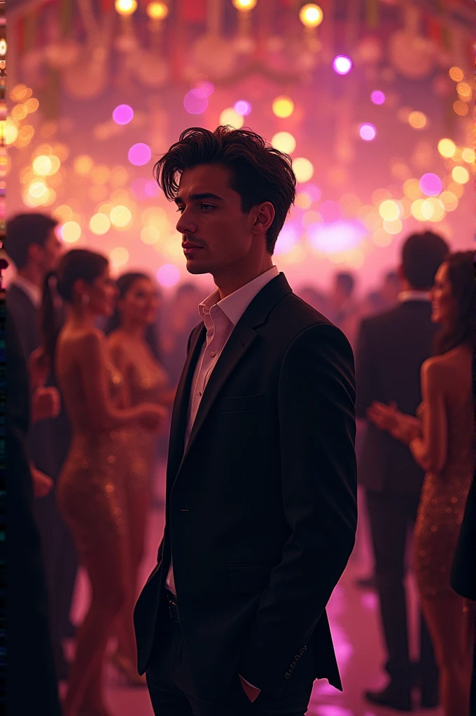 Scenery of a very chic party, with several guests drinking and dancing in the party's neon lights, a young white man, short straight black hair, dark eyes with thick lashes, slim, wearing a party tuxedo, holding a glass of champagne that flows a dark red liquid, realistic, illustration, digital art