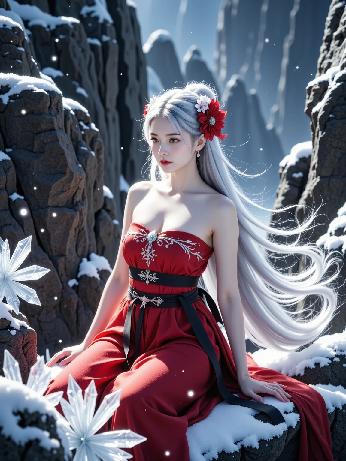 Mysterious cliff top, rocks, independent fantasy world, flying snow, magic ice crystals, 1girl, as beautiful as a fairy, red strapless Hanfu, long silver hair, flower hair accessories, cold eyes, hidden secrets and power, 8K, ultra High resolution, mysterious light, fantasy textures, magic fluctuations, wonderful energy, lighting effects, magic and fantasy wonderland, surrealism, realism, film graininess