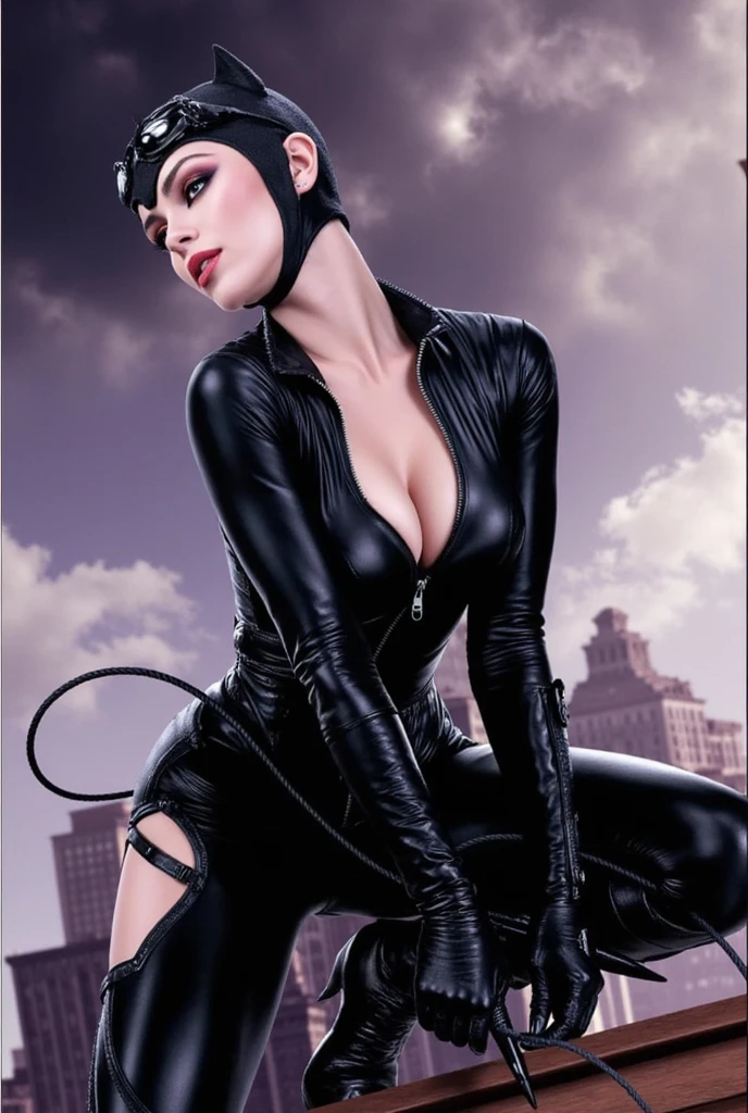 (  masterpiece ,  realistic ,  perfect girl,  photograph ,  high resolution and definition  ), DC Comics: Catwoman,  in a sensual and erotic pose,  dark black hair,  Beautiful legs ,  detailed face , dark eyes,  beautiful and slender body , beautiful breasts .  Great detail of the background and environment , Catwoman , negro.  sensual and erotic pose . A whip in your hands .