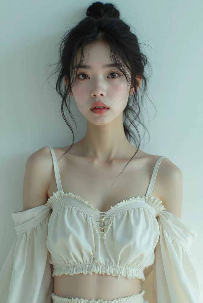 Beautiful Japanese woman in casual clothes, showing collarbone and breasts.