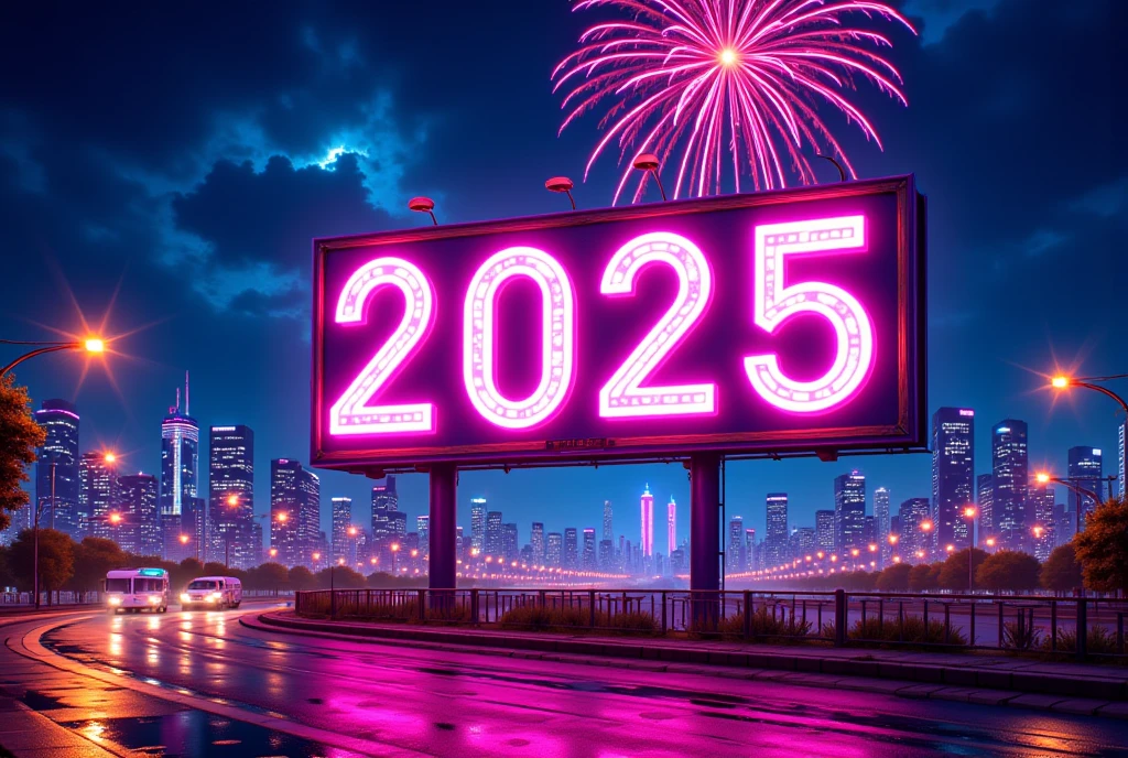 (a roadside Happy New Year 2025 billboard:1.4), detailed cityscape, skyscrapers, traffic, night lights, fireworks in the sky, atmosphere, elegant style, vibrant colors, cinematic lighting, photorealistic, 8k, best quality , masterpiece.