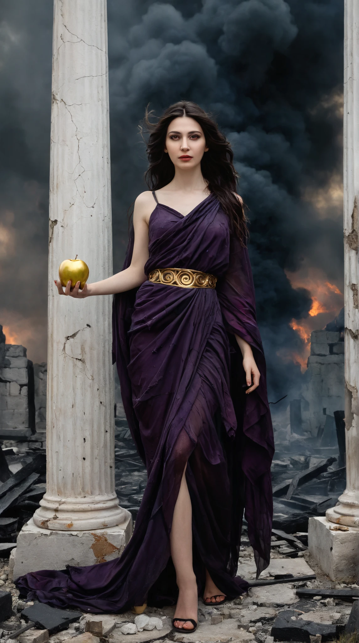  Ancient Greek style ,greek art, a classic oil painting of the Greek goddess Eris the goddess of chaos ,From the discord , of the disagreements , of the rivalry emerging ghostly from the black smoke that surrounds her, portrayed in her original and traditional form .  She stands upon a large pillar darkened in ruins , a ruined and destroyed temple background ,a dark void , the red darkness surrounded by disastrously furious winds ,  with her long flowing dark flowing dark hair shaking in the disastrous wind , shadows and black figures observing the chaos in the background . , Eris is dressed in elegant Greek dark violet clothes that partially cover her.,  exuding a chilling and doubtful beauty .  The painting uses rich, cold tones and disordered brushstrokes to evoke the style of ancient masterpieces,  with a heavy and chaotic atmosphere , she is holding one hand a golden apple , behind her, a large broken gold circle with Roman numerals, zodiac symbols , the chaos appearing in her face a sarcastic smile ,dark details