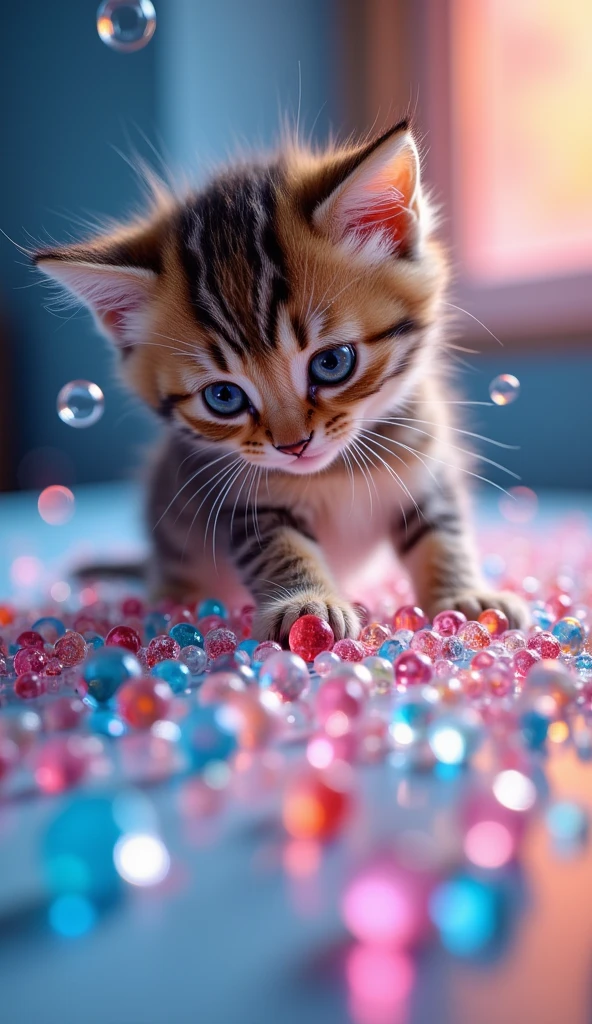 closeup zoom,(macro:1) photo,cute kitty cat plays on,(mandelbulb fractals:4) thousand shards of colorful glass candy on an opalescent countertop,condensation,effervescent,detailed,intricate,key light,backlight,fill light,three-point lighting, nebulae bubbles,3d