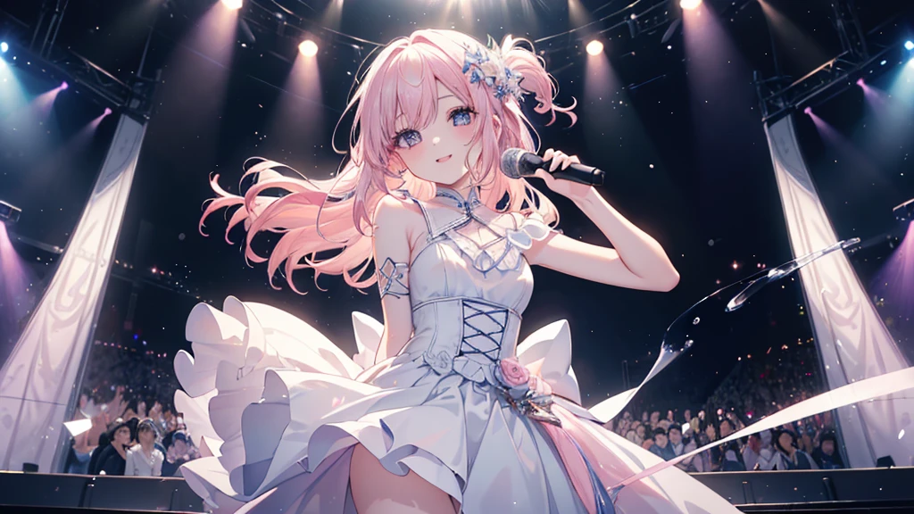 table top, High resolution, 8K, anime woman, delicate and detailed writing 、detailed digital illustration、Very long hair and shiny、bangs、very beautiful woman、eyes are double, big, Bust is D cup、high resolution, high quality、detailed background、(((Idolの服を着て)))、((Sparklinging live stage backdrop))、The inside of your eyes shine like diamonds、light pink hair、gradient pupil、(((2 arms、4 fingers, 1 thumb)))、detailed woman's face、She is a very beautiful and cute woman、、detailed background、masterpiece、soft focus , bright gradient watercolor , Lens flare , (((Sparkling))) , shine , dream-like , (((Sparklingマイクを手に持つ)))、mini skirt、I don't have anything on hand、Idol、pink ribbon、Very beautiful red rose hair accessories、Pink and gold outfit、White is the main costume
