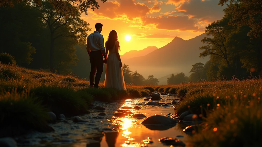fazer a silueta de um casal de namorados, no alto de um monte com o sol se pondo ao fundo, cinematic picture, efeitos luminosos marcantes com os raios do sol poente, super realista, 8k, obra prima.