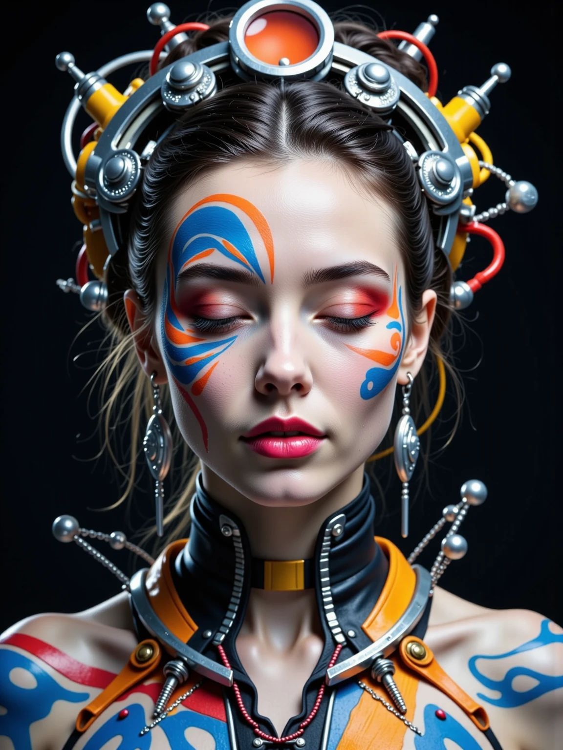 Create an ultra-realistic image, like a futuristic photograph, depicting a woman's face and upper body. The face and body are covered in intricate patterns and bright colors, creating the impression of a mixture of technology and organic forms.
*Main details:
- Face and body:
The woman's face is covered in brightly colored elements: blue, orange, red and yellow.
The eyes are closed, giving the face a mysterious and meditative expression.
The lips are bright pink, which contrasts with the rest of the colors.
The skin shows intricate patterns and lines, reminiscent of technological circuits or biomechanical elements.
* Jewelry and details:
On the woman's head is a complex structure resembling a crown or headdress, consisting of metal and plastic elements.
Various details such as wires, chains and jewelry hang from this structure, adding to the futuristic and cyberpunk look of the image.
The body also shows metal and plastic elements integrated into the skin, enhancing the impression of biomechanical modification. *Color Palette:
Bright and saturated colors are used: blue, orange, red, yellow and black.
The colors create contrast and emphasize the complexity and detail of the image.
*Minor details and background:
The background of the image is dark, which helps to highlight the bright colors and details of the face and body.
Additional elements such as wires and metal parts are visible in the background, which add depth and complexity to the image.
*Mood and emotion:
The image creates an impression of mystery and futurism.
The woman’s facial expression is calm and meditative, which contrasts with the bright and dynamic details.
Maximum detail and photo-realism.