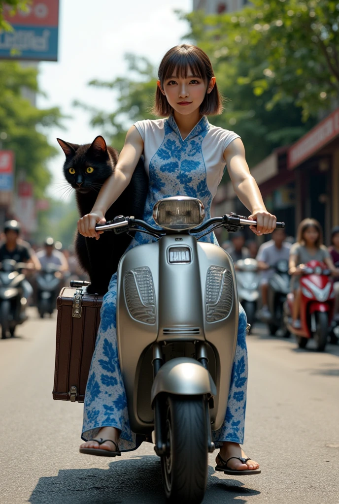 ultra-realistic, photorealistic, dramatic scene, shadow, global-illumination, solo, 1 girl\( 20 years old Japanese beautiful girl, beautiful with cute face, wearing snow patterned blue ao dai, shoulder-length brown hair, accessories, Vietnamese Non La hat\), 1 human-like giant black cat\( human-like giant black cat, white shirt with short sleeves, slight taller than the girl, holding a large suits case, little chubby, sitting on the rear seat of the scooter\), the girl is riding a Honda scooter with human-like giant black at the downtown street in Ho Chi Minh city in 2000, Cluttered streets, people walking on the sidewalks, rows of miscellaneous buildings, trees, Crowded with many motorcycles and scooters