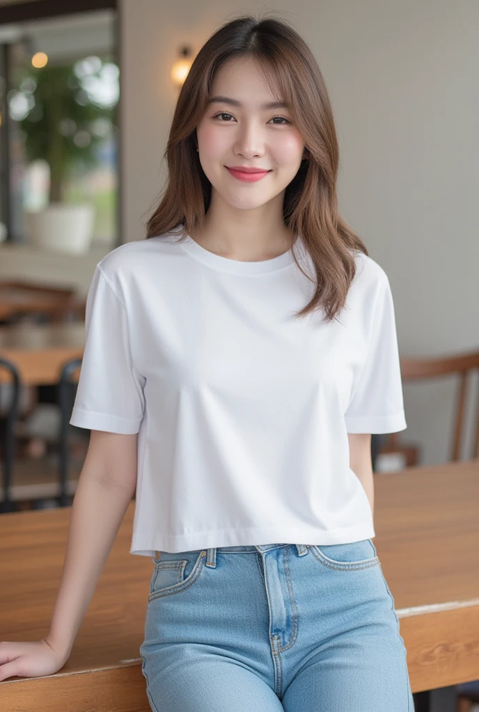   . A Korean girl with long hair   ,   Natural Brown Hair  ,   Middle chest,  smile, Saw a white tooth ,   Wear a white crop T-shirt with a round neck,,  Long blue jeans , RANDOM GESTURES, stand ,   daylight   ,   daylight   , there in a cafe    ,