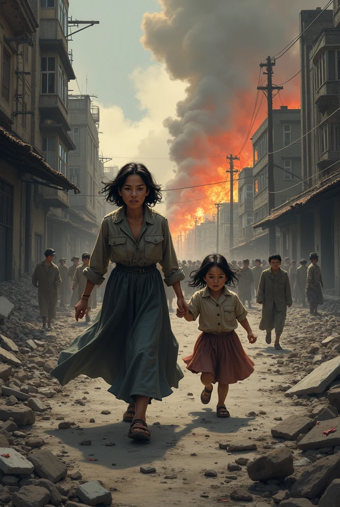air raid, Running away, fires, Mother with child on her back