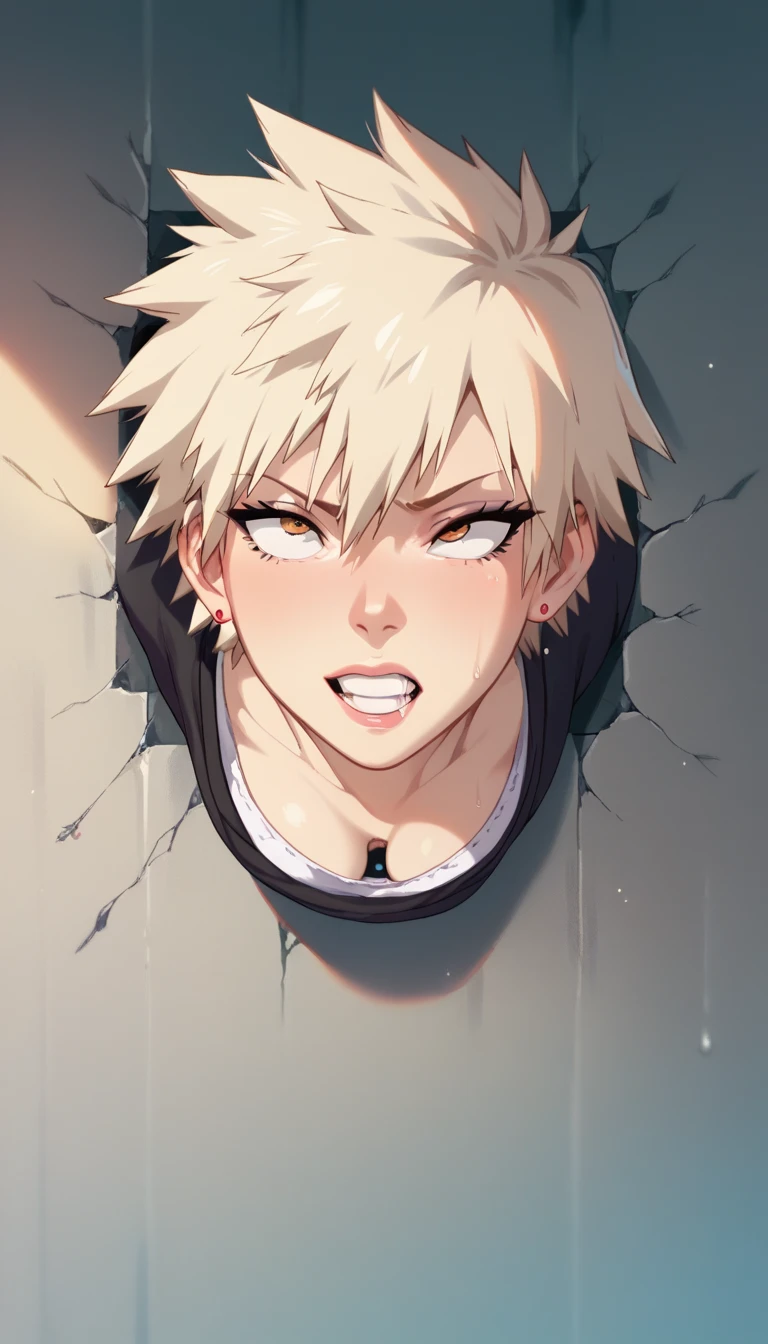 Mitsuki, Bakugo's mother, is stuck in the wall and a  boy is thrown at her face