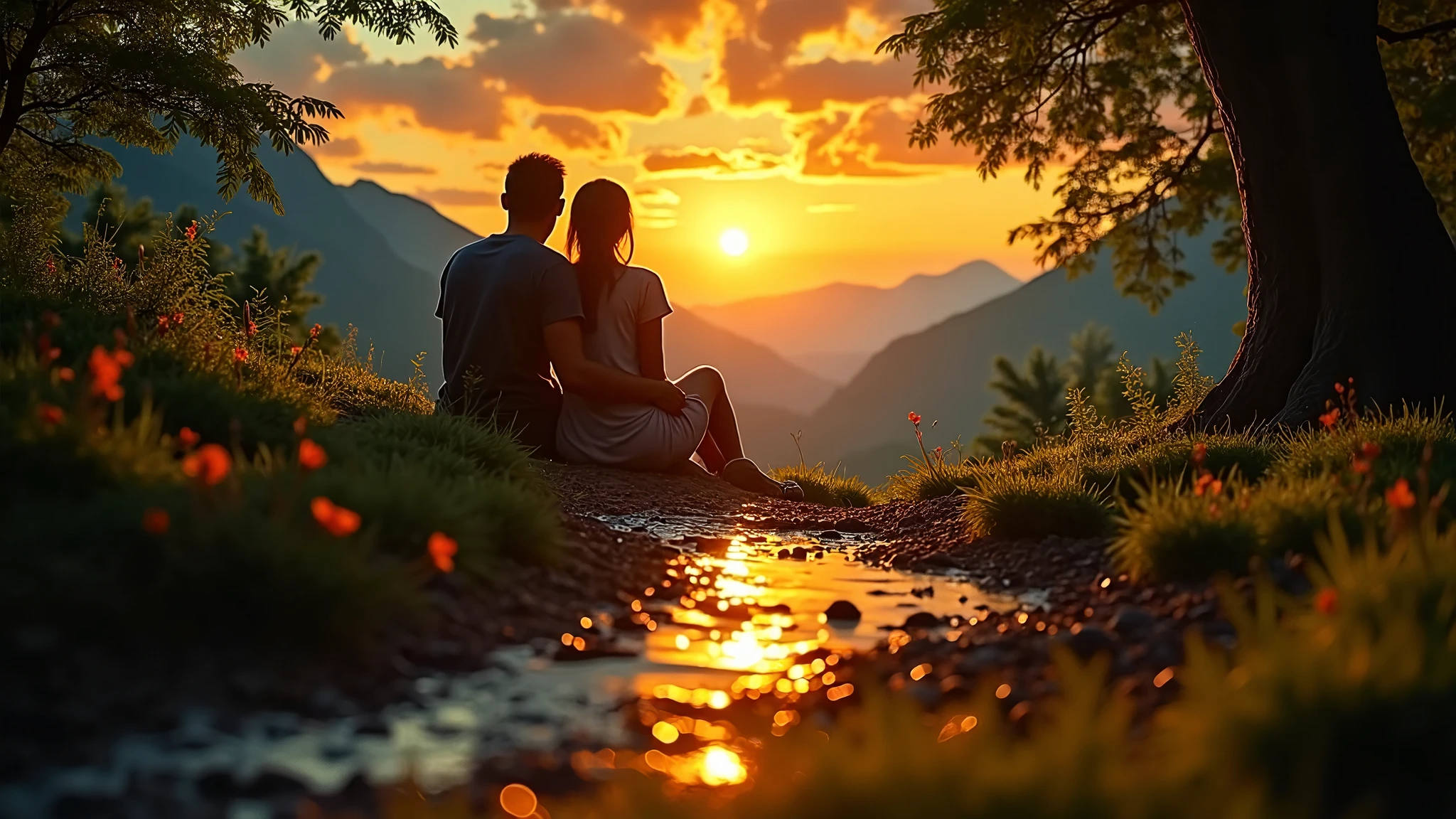 A couple of lovers sit on a rock looking at the valley, watching the sunset, looking out at a sunset, overlooking valley, looking out at a sunset, watching the sunset, looking at the mountains, Sunset view, late sunset, Beautiful views, gorgeous romantic sunset, setting in nature, summer setting, late sunset, sunset in a valley, Summer evening,The man puts his arm around the woman