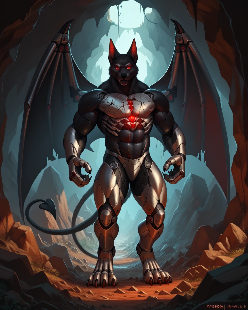 Best Quality, masterpiece, Ultra High Resolution, Detailed Background, (furry male), ( Black Cerberus furry ), metalic body, demonic, underground cave scenery, red glowing eyes, two pair of eyes, Anubis, muscle, (cracked belly:1.2, cracked arms:1.2), cracked chest, solo, male, infernal runes, with black fur, steel ribs, mechanical body, armored legs, metal claws, 4 robotic wings, perfect proportion, good anatomy, perfect anatomy