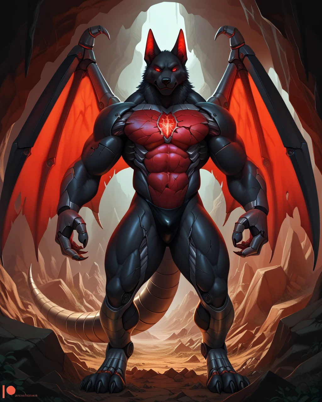 Best Quality, masterpiece, Ultra High Resolution, Detailed Background, (furry male), ( Black Cerberus furry ), metalic body, demonic, underground cave scenery, red glowing eyes, two pair of eyes, Anubis, muscle, (cracked belly:1.2, cracked arms:1.2), cracked chest, solo, male, infernal runes, with black fur, steel ribs, mechanical body, armored legs, metal claws, 4 robotic wings, perfect proportion, good anatomy, perfect anatomy