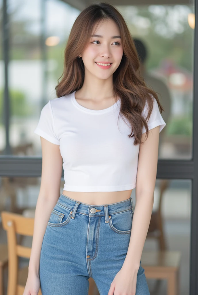   . A Korean girl with long hair   ,   Natural Brown Hair  ,   Middle chest,  smile, Saw a white tooth ,   Wear a white crop T-shirt with a round neck,,  Long blue jeans , RANDOM GESTURES, stand ,   daylight   ,   daylight   , there in a cafe    ,