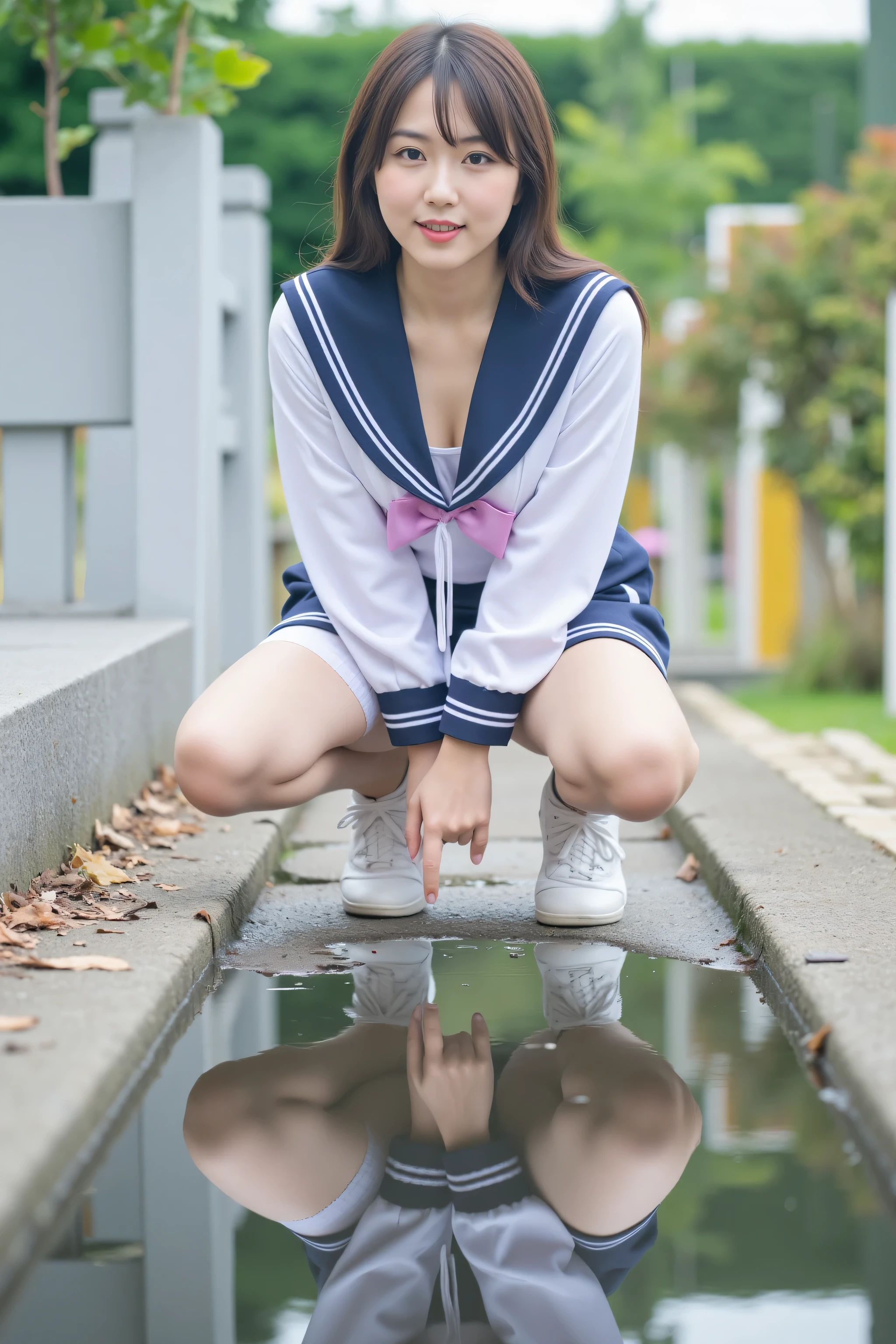 arafed asian woman in a tight white sailor uniform and tiny blue skirt posing for a photo, very sexy pose, elegant seducing pose, sexy look, sultry body,  anime girl cosplay, ((tiny blue miniskirt|plaid miniskirt)), ((huge breasts|white sailor uniform)) ((white sailor shirt|blue collar|blue bow)), ((long blue boots|high heels|knee-high)), ((long white gloves|blue stripes)), ((blue choker|sapphire)), ((wearing a golden tiara on forehead)), ((long slender legs)), ((tiny white thong)), 2 4  old female model, beautiful alluring teen, model with attractive body, sexy body, gorgeous young korean woman, beautiful feminine body, gorgeous young model, young sensual graceful, gorgeous chinese model, ((curly bangs)), ((very dark short hair)), ((black hair in a rough shag)), wavy hair, (masterpiece:1.3), high resolution, ((sailor mercury)),((outdoors,park,bright and sunny))