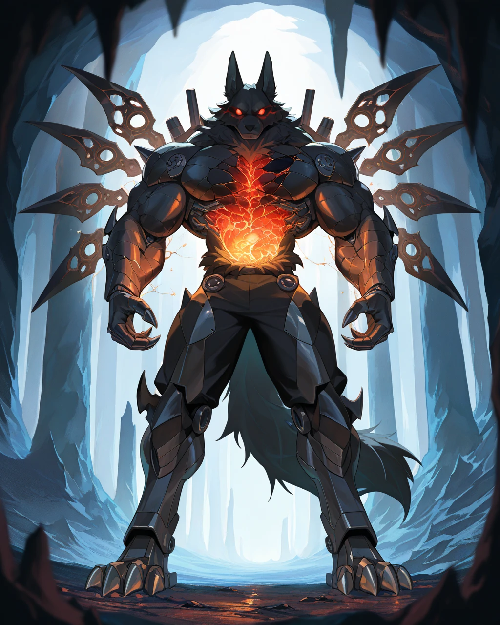 Best Quality, masterpiece, Ultra High Resolution, Detailed Background, (furry male), ( Black Cerberus furry ), metalic body, demonic, underground cave scenery, red glowing eyes, two pair of eyes, Anubis, muscle, (cracked belly:1.2, cracked arms:1.2), cracked chest, solo, male, infernal runes, with black fur, steel ribs, mechanical body, armored legs, metal claws, 4 robotic wings, perfect proportion, good anatomy, perfect anatomy