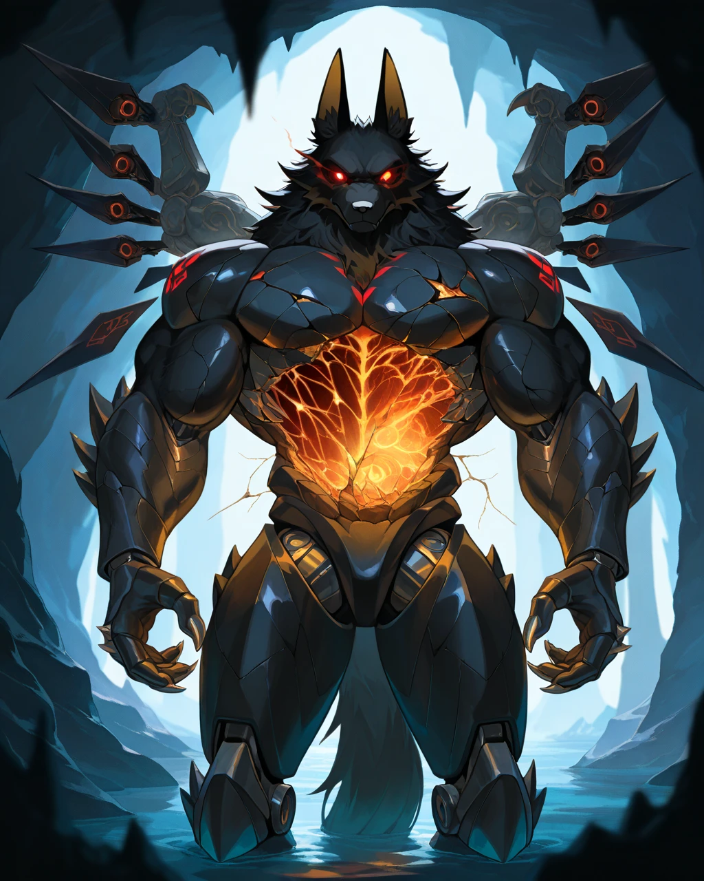 Best Quality, masterpiece, Ultra High Resolution, Detailed Background, (furry male), ( Black Cerberus furry ), metalic body, demonic, underground cave scenery, red glowing eyes, two pair of eyes, Anubis, muscle, (cracked belly:1.2, cracked arms:1.2), cracked chest, solo, male, infernal runes, with black fur, steel ribs, mechanical body, armored legs, metal claws, 4 robotic wings, perfect proportion, good anatomy, perfect anatomy