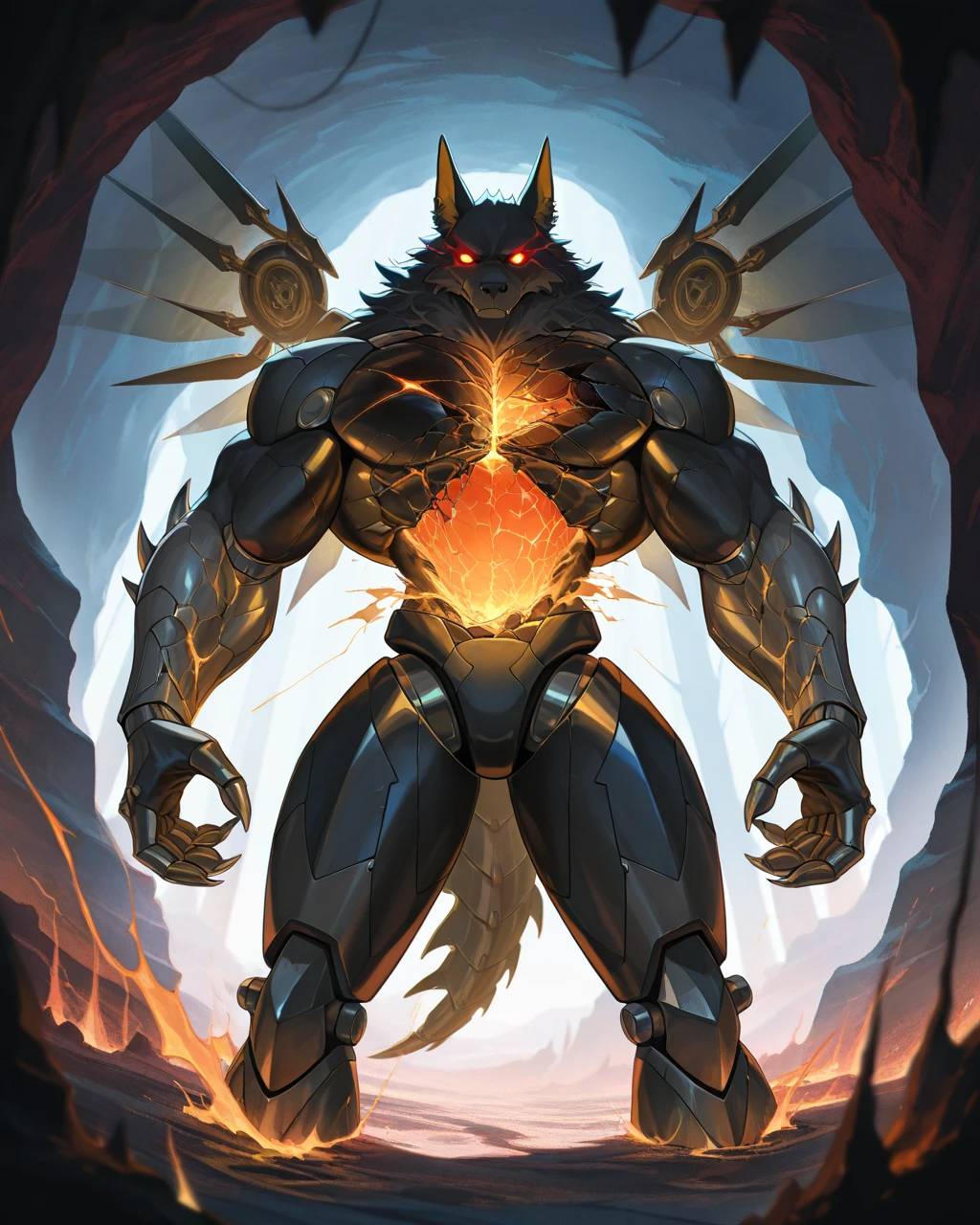 Best Quality, masterpiece, Ultra High Resolution, Detailed Background, (furry male), ( Black Cerberus furry ), metalic body, demonic, underground cave scenery, red glowing eyes, two pair of eyes, Anubis, muscle, (cracked belly:1.2, cracked arms:1.2), cracked chest, solo, male, infernal runes, with black fur, steel ribs, mechanical body, armored legs, metal claws, 4 robotic wings, perfect proportion, good anatomy, perfect anatomy