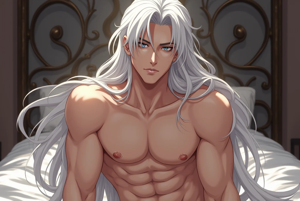 1 man,guy, handsome,standing on a hill, Facing right, camera angle from the side, photo from the side, looking away,at night,,white hair, long hair, red eyes,No clothes (nude),six pack abs, black shorts,at night,ultra detail, perfect face, clear face, HD face,Ultra detailed face,close up photo