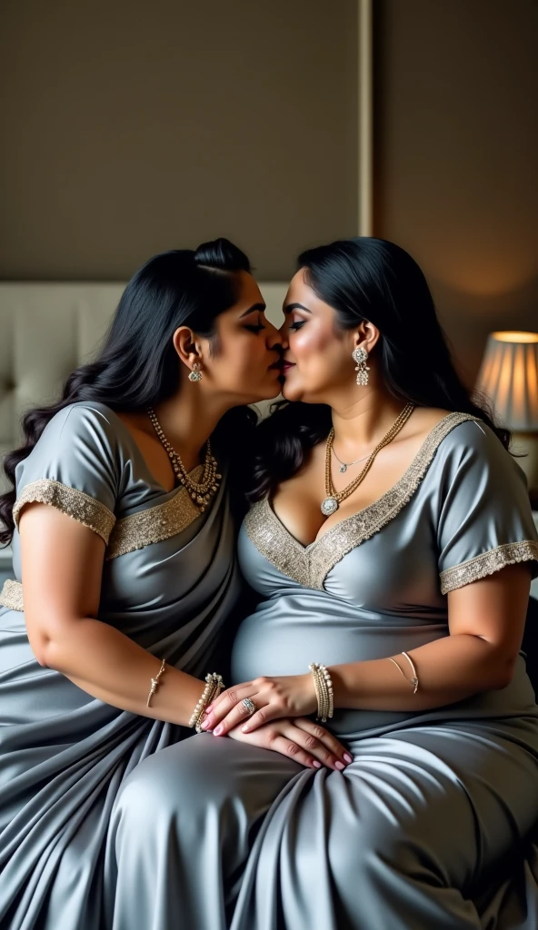a 50-year-old shirtless lesbian mom affectionately hugging and kissing aradiant, full-figured South Indian plus-sized 30 year old daughter wearing a off white silky saree in dressing room, (cum Splash on her face and blouse, cum Splash on her face, cum Splash)captured in a full-body image with vibrant hues and meticulous details. Full body image