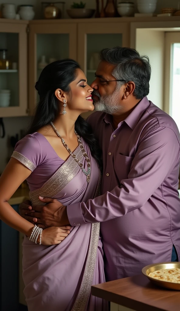 Close up shot, A radiant South Indian, chiffon white colour chiffon saree wearing plus sized girl ,with her curvaceous figure , hugging and kissing on the lips of a jubilant 60 year old joyous embrace in a bedroom, captured in a full body image with vibrant colors and intricate details. Full body image