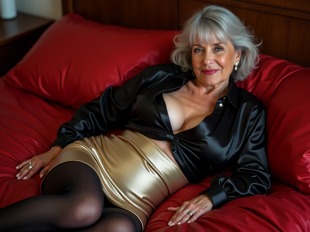 Vieille femme obèse qui porte une chemise blanche en satin, une jupe en cuir noir et des cuissardes dans son salon a genoux et mains dans le dos.