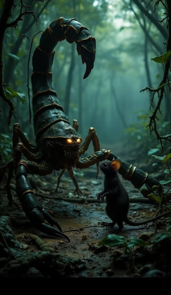 In the depths of a dense, shadowy forest, a small mouse and a massive scorpion face each other in an intense standoff. The mouse, with its sleek fur and twitching whiskers, stands on its hind legs, its tiny claws poised for defense. The scorpion, towering over the mouse, raises its segmented tail, its sharp stinger glistening in the faint dappled light filtering through the canopy. The forest floor is covered with twisted roots, fallen leaves, and patches of damp moss. The air is thick with tension as the two creatures, so different yet equally determined, prepare to clash in this cinematic and suspenseful scene.  