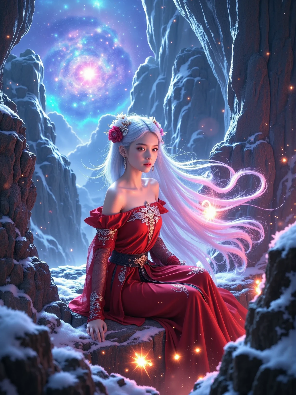  Magical World，( A girl trapped in a cosmic vortex nebula:1.5)， Render with the Cosmic Beach Vortex Engine ，( detailed facial features)，( beautiful facial features)， Ancient and Mysterious Castles ， Purple Stones ，Gemstone decoration， glowing plant ，Silver Creek，Colorful Clouds，Strange Creatures， Massive Magicians ，Rich collection of books，Magic fluctuations， crystal ball ，distant galaxy，Field of magic， Magicians Studying Magic ，（Glowing magic symbol），Dreams，Time and space distortion，River of Light，（Magic Garden）， ultra wide-angle lens ，Bottom View，Knee Shot（KS），Full body shot（FLS）， high detail， High Resolution ， Ultra High Definition，meticulous， ultra-realistic，Volumetric Light，Spectacular， ambient light ，Light Pollution，Movie atmosphere， Art Nouveau ，Illustration by SenseiJaye，Intricate details， Rococo style ， cool tones， Gothic Hues ， bright color ，High contrast tones