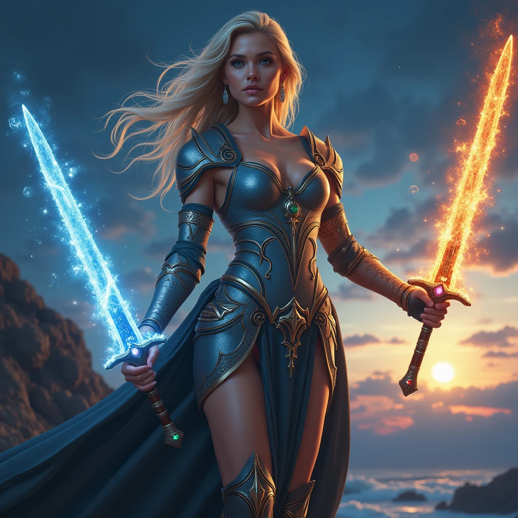 (1 sublime warrior girl) with a ( black tiara), long blond hair, (big blue eyes), perfect face. (perfect body), (perfect tits). she looks at the camera smiling sensually. she wears a beautiful (black armor), (finely crafted), (adorned with rubies) and glowing runes).  (massive armor) and tight-fitting sculpts her perfect body.  she sits at the (cave entrance) (overlooking a valley:1.5) of (turquoise jungles and waterfalls). a (supernova:1.3) explodes in the (dark night:1.5). (darkness), (sharp image), (photorealistic), (highly detailed), (4k), (bikini Armor)