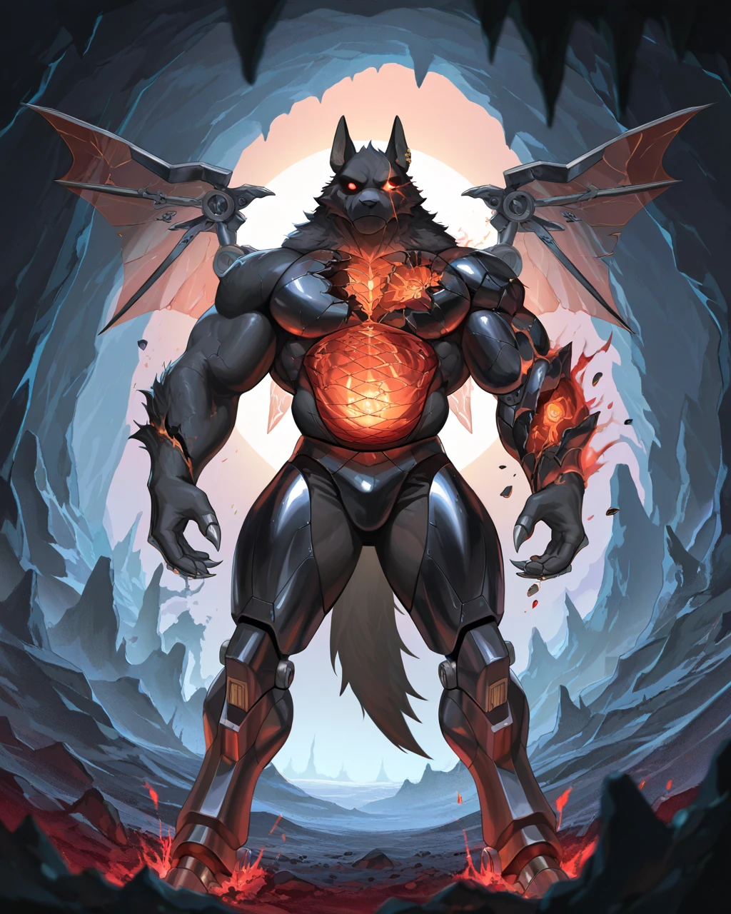 Best Quality, masterpiece, Ultra High Resolution, Detailed Background, demon, (furry male), ( Black Cerberus furry ), metalic body, demonic, underground cave scenery, red glowing eyes, two pair of eyes, Anubis, muscle, (broken belly:1.2, cracked arms:1.2), cracked chest, solo, male, infernal runes, with black fur, steel ribs, mechanical body, armored legs, metal claws, 4 robotic wings, perfect proportion, good anatomy, perfect anatomy