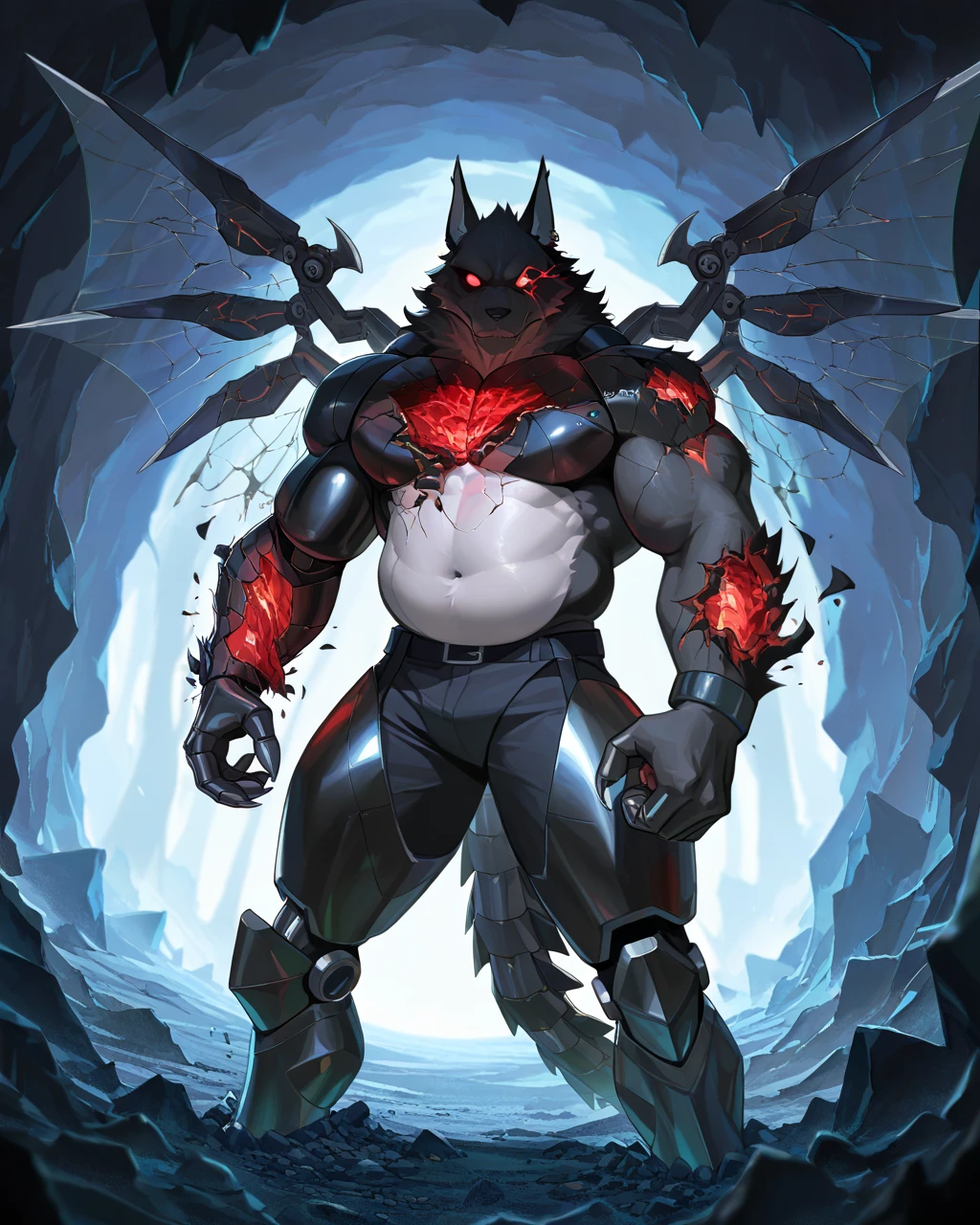 Best Quality, masterpiece, Ultra High Resolution, Detailed Background, demon, (furry male), ( Black Cerberus furry ), metalic body, demonic, underground cave scenery, red glowing eyes, two pair of eyes, Anubis, muscle, (broken belly:1.2, cracked arms:1.2), cracked chest, solo, male, infernal runes, with black fur, steel ribs, mechanical body, armored legs, metal claws, 4 robotic wings, perfect proportion, good anatomy, perfect anatomy