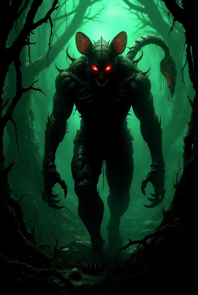 A terrifying humanoid hybrid of a mouse and a scorpion strides through the shadowy forest, its form exuding raw, primal menace. The hybrid has the muscular upper body of a humanoid mouse, covered in dense, sleek fur, while its lower body and tail resemble the armored segments of a scorpion. Its glowing red eyes pierce through the gloom, casting a faint light on the forest floor. Massive, chitinous claws extend from its arms, while a venomous stinger arches menacingly over its back, dripping with green poison. The forest, with its dense foliage and eerie shadows, serves as the perfect backdrop for this fearsome creature as it moves with calculated grace, its every step radiating an aura of danger.  