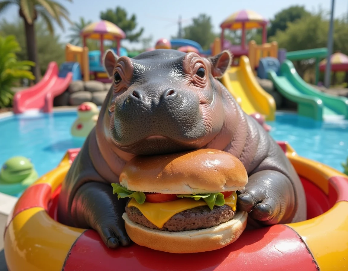  Photo of a cute little hippo cuddling at a water park ride, Sitting eating a burger 