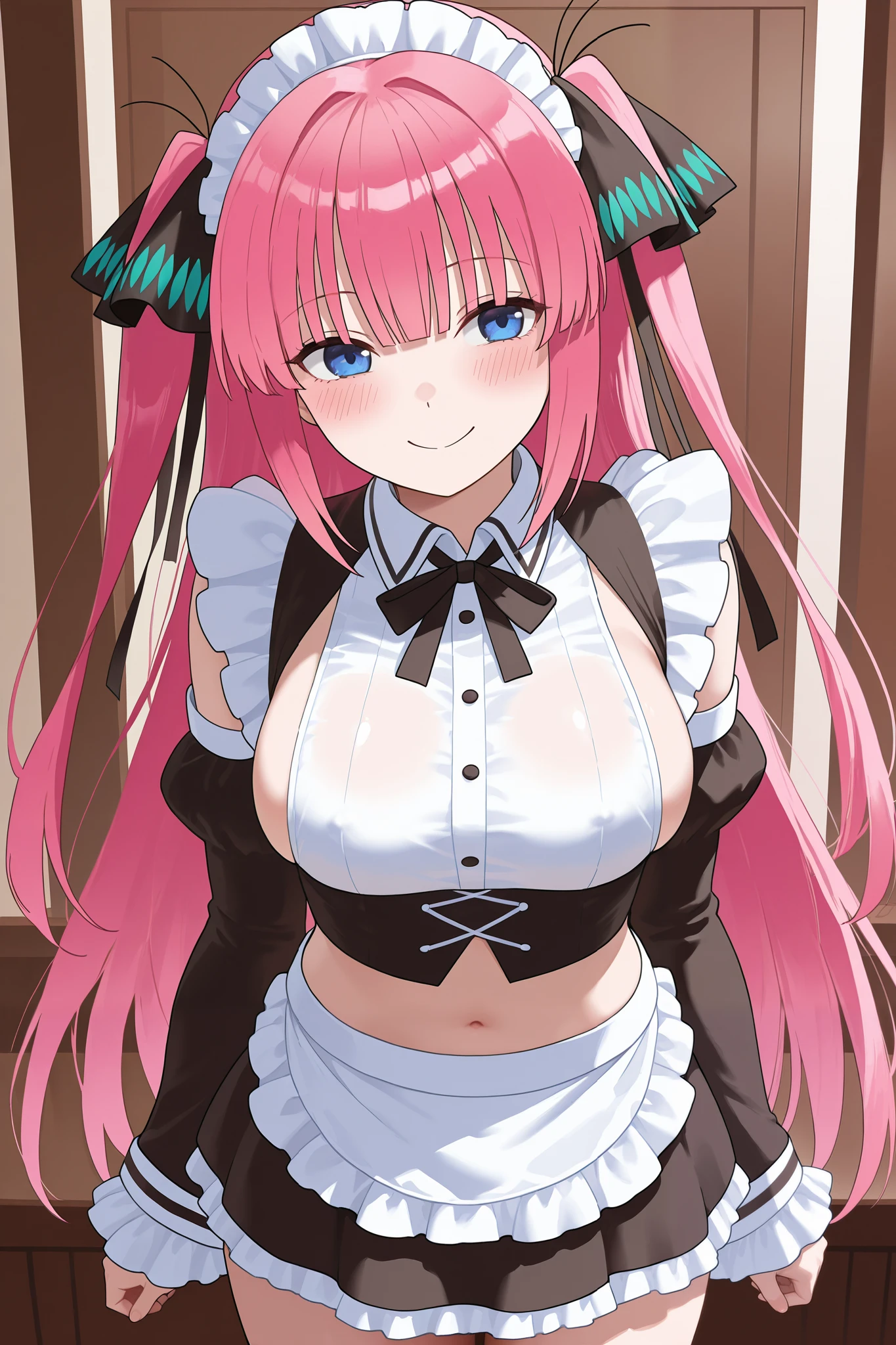 masterpiece, best quality, highres, aalala, long hair, ahoge, hair ornament, green eyes,pink hair, , (((huge breasts))), ,,looking viewer,indoor,,maid costume