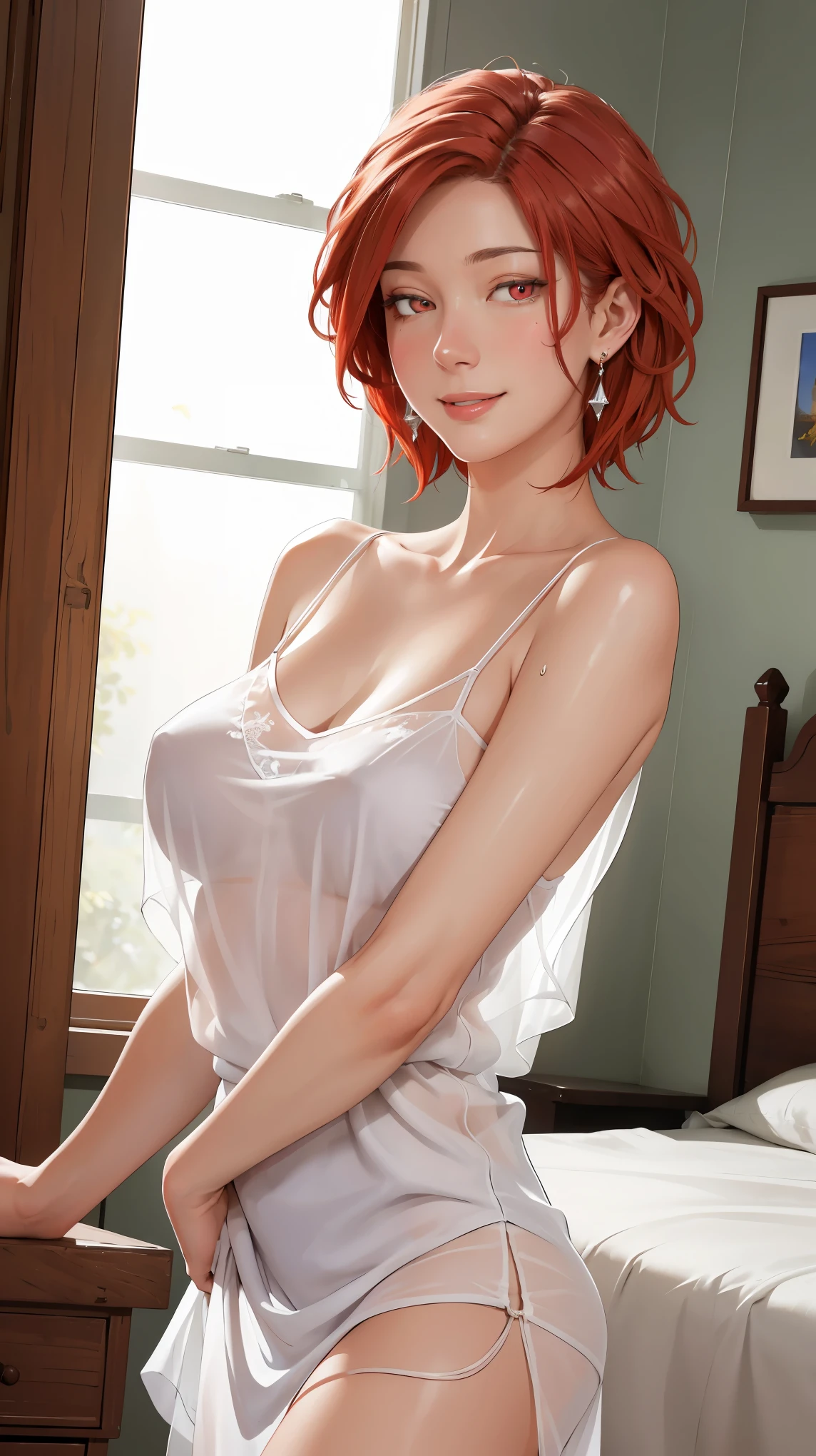 ((((masterpiece, best quality, high resolution)))), Extremely detailed 8K, Beautiful girl with voluptuous body, (Ultra HD, Ultra-detailed, Highly detailed, Highly realistic, Ultra-realistic, photograph realistic), (1girl:1.5), (Realistic red hair), (short wavy hair, bob cut, earrings), (dynamic poses), facing at camera, looking at viewer, (blushing red, embarrassed, smile), (pink eyes, sharp eyes), (huge perky breasts:1.2), (beautiful detailed face, beautiful detailed eyes), ((transparent loose t-shirt, body silhouette, braless, lace panties)), (detail pussy), (standing up), sweat, glow, (sunbeam, sunlight), ((cowboy shot)), bedroom, seductive