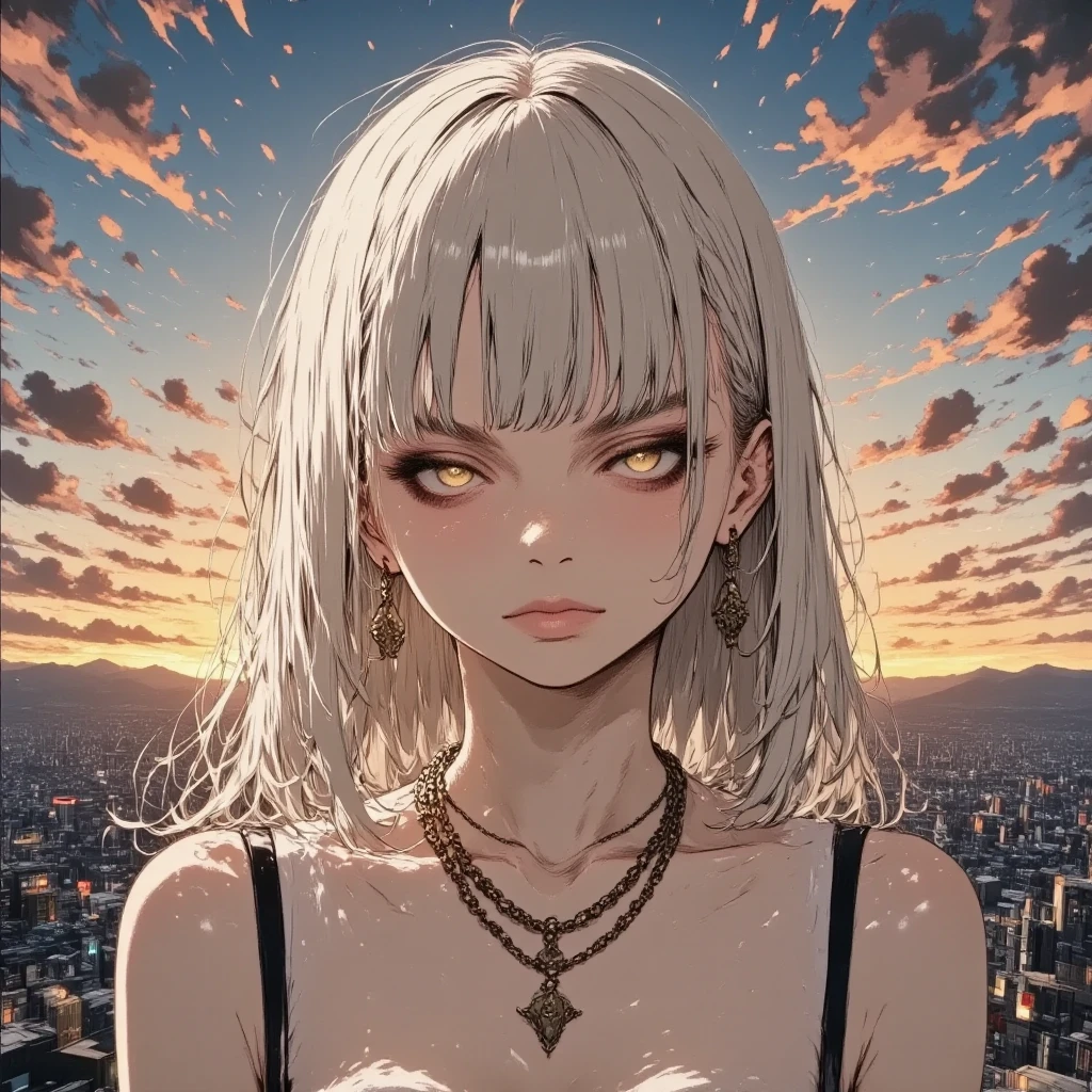 masterpiece, solo, rough stroke anime, 1girl,  white hair, short hair, sharp line art, detailed illustration, long eyelashes, cinematic lighting, ambient light, volumetric lighting, ultra aesthetic environment, 8k, 16k, hdr, best quality, indirect lighting, super quality composition,sunset , realistic anime background, cinematic lighting, bokeh , blurry background, tokyo city,