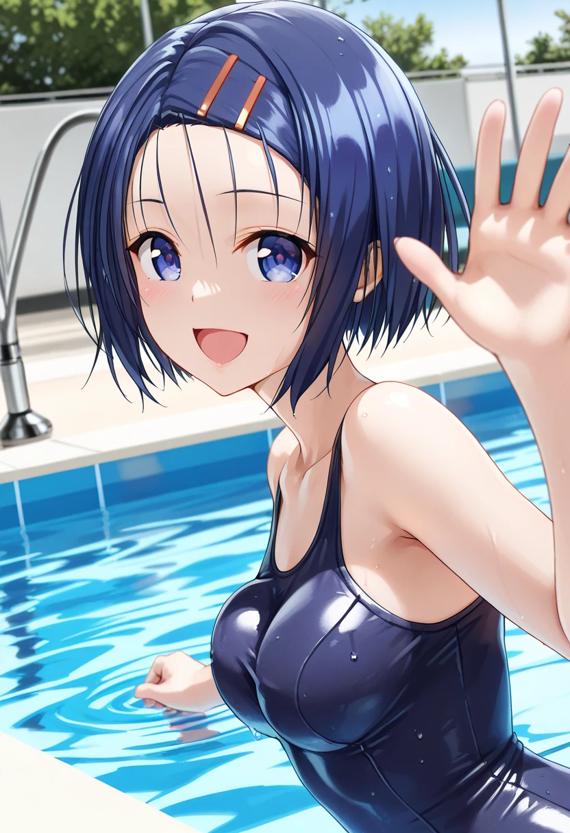 (ultra realistic photo, raw photo, portrait, Realism, 3D rendering, from movie stills, blender render), break, One Girl ,Haruna Sairenji \(ToLOVEru\), Blue Hair,  blue eyes,  school swimsuit,(medium breasts:1.1),break (School, Pool, ),break (from front, looking at viewer, face focus),(stand still, waving, open mouth),break [bouncing breasts:1.2],(in the pool, having fun, water surface reflection, summery atmosphere, bright colors),break 