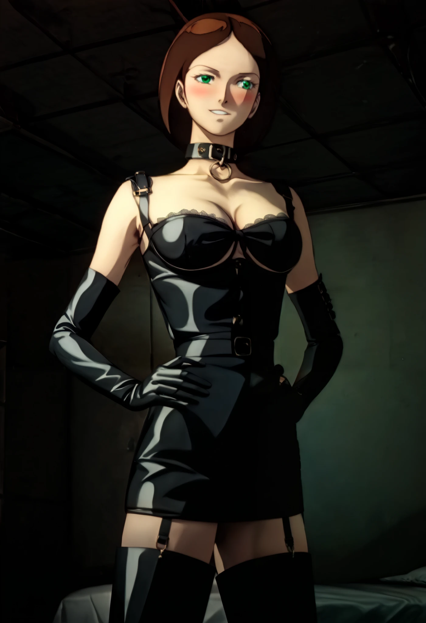 BDSM、Queen、mistress、(((One girl)))、(((solo:1.8)))、(((Black latex elbow gloves:1.4)))、((( black latex corset dress :1.4)))、((( corset dress is decorated with beautiful lace)))、((( corset dress with shoulder straps )))、((( BLACK LATEX TIGHT MINI SKIRT :1.4)))、((( Black Thigh-High Boots:1.4)))、(((Black rubber tights:1.2)))、((( stiletto heel boots:1.4)))、((( black latex high leg panties)))、(((Black latex bra)))、(((Black leather collar)))、((( sexy pose:1.4 )))、 wide thigh opening with one leg:1.2、((( erotic)))、((( cowboy shot )))、クローズ up、 place your hands on your hips、 beautiful eyes with highlights、Beautiful, smooth skin、Two perfect anatomical arms、 Anatomically Perfect 2 Legs 、(Four perfect fingers and one thumb)、score_9, score_8_ up, score_7_ up, score_6_ up, 's greatest masterpiece、 Masterpiece、 high image quality、High resolution 8k、 detailed face 、 detailed eyes、 anime screen capture, anime coloring book, Ema Sheen, brown hair, shorthair , green eyes, medium chest,
(((indoor、Spaceship、SM room 、 big bed))), stare at viewers、 wicked smile、 smirking 、blush:1.4