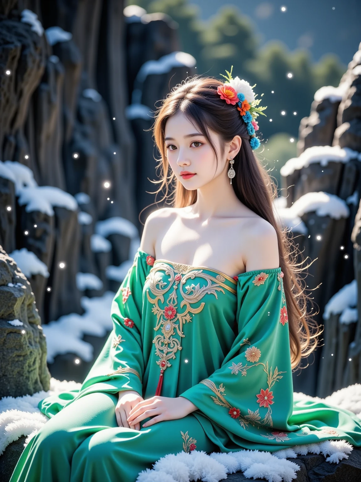  in a quiet and beautiful lakeside ， The dress is embroidered with many delicate patterns 。 Her figure is light and flowing ， The dress of Hanfu gently swings with the wind ， The peacock decoration above the forehead is absolutely beautiful ，Lifelike。 There are glowing elements around her ， adds a bit of mystery to her 。 ， She has long, soft brown hair ，Colorful。 clearly shows the beautiful texture of Hanfu ， shines with a unique shine 。Her eyes are as gentle as water ， Her hands naturally hang down in front of her ，Slightly bow your head，Like meditating ， It also seems that she feels the serenity of this lakeside 。Ultra-high 8K image quality， Wearing many brightly colored flower hair ornaments 、 beautiful posture with flower hair accessories 、 A beautiful woman in costume in a green Hanfu, Ting Ting Yuli {x} gorgeous details of peacock decorations and the delicate texture of her skin。