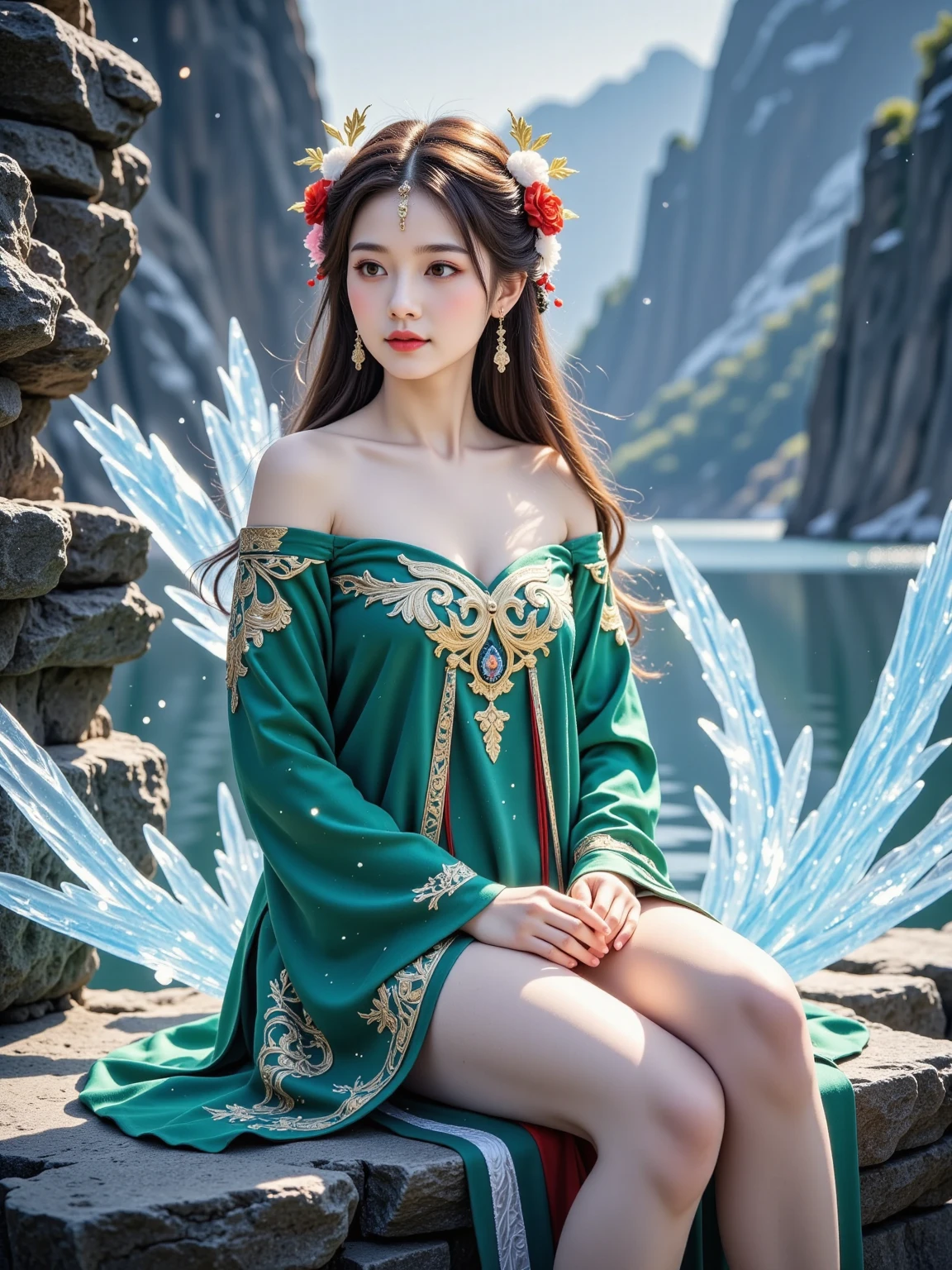  in a quiet and beautiful lakeside ， The dress is embroidered with many delicate patterns 。 Her figure is light and flowing ， The dress of Hanfu gently swings with the wind ， The peacock decoration above the forehead is absolutely beautiful ，Lifelike。 There are glowing elements around her ， adds a bit of mystery to her 。 ， She has long, soft brown hair ，Colorful。 clearly shows the beautiful texture of Hanfu ， shines with a unique shine 。Her eyes are as gentle as water ， Her hands naturally hang down in front of her ，Slightly bow your head，Like meditating ， It also seems that she feels the serenity of this lakeside 。Ultra-high 8K image quality， Wearing many brightly colored flower hair ornaments 、 beautiful posture with flower hair accessories 、 A beautiful woman in costume in a green Hanfu, Ting Ting Yuli {x} gorgeous details of peacock decorations and the delicate texture of her skin。