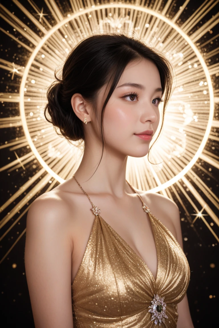 (top-quality、8K、​masterpiece)、(The best illustrations)、extremely delicate and beautiful、Unity、Amazingly fine detail、超A high resolution、extra detailed face、Superbly detailed eyes、(photo realistic1.3)、Realistic facial proportions、Beautuful Women、独奏、Colossal tits:1.3、cleavage of the breast、Slimed:1.2、smiling at the viewer、(makeups:0.2)、Luxurious black dress、Gold Ornament、(Best Shadows:1.1)、(bokeh dof:1.4)、cowboy  shot、Royal Room、chandeliers