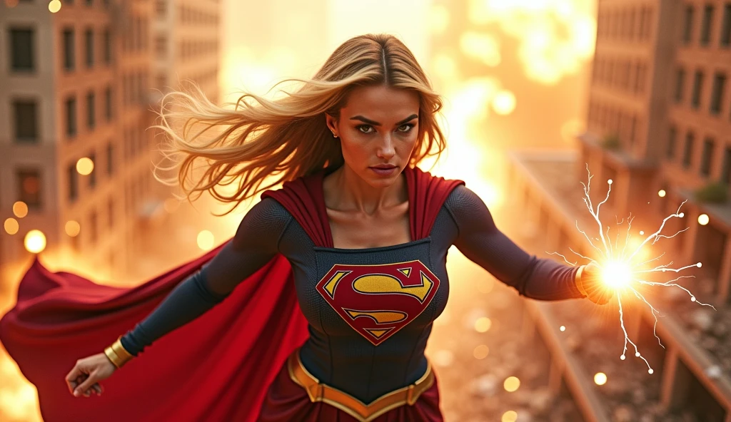 A beautiful blonde-haired woman dressed (((a white leather one-piece suit))),(((an S as an emblem on his chest))) kneeling screaming exhausted after an extensive bloody battle around their apocalyptic city cars and burning buildings (((long red cape)))Powe girl universo Dc 