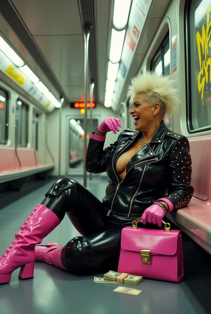 Tram interior, femme blonde sexy de 50ans porte un tailleur rose en latex,Des bas résille, mischievous