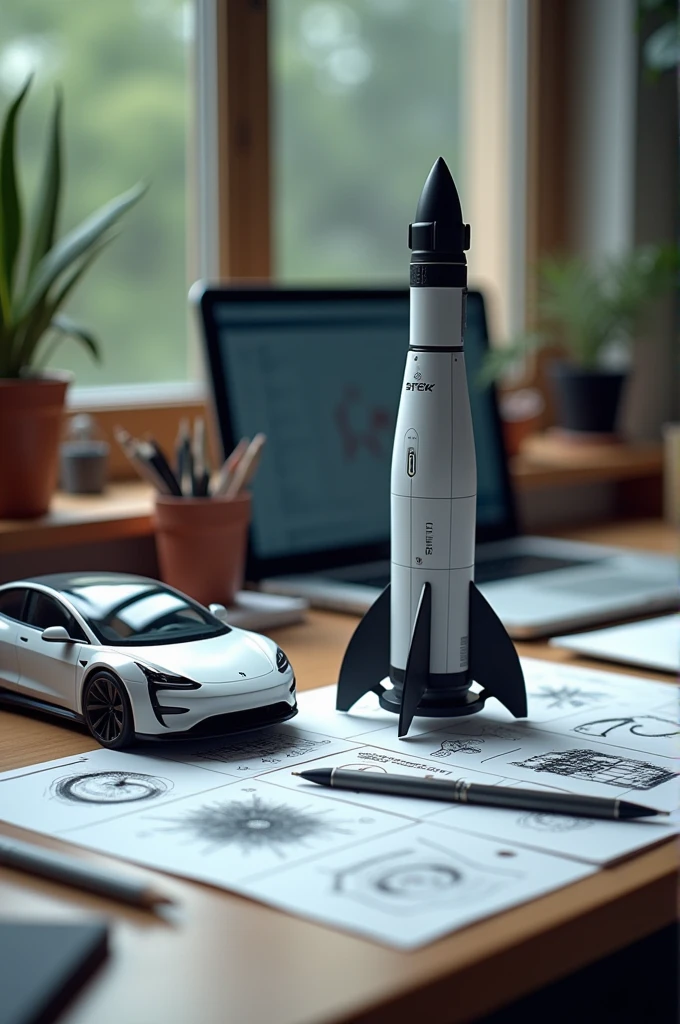 Against the background of a desk with a laptop and ,  drawings, a SpaceX rocket model and a Tesla electric car are next to each other.