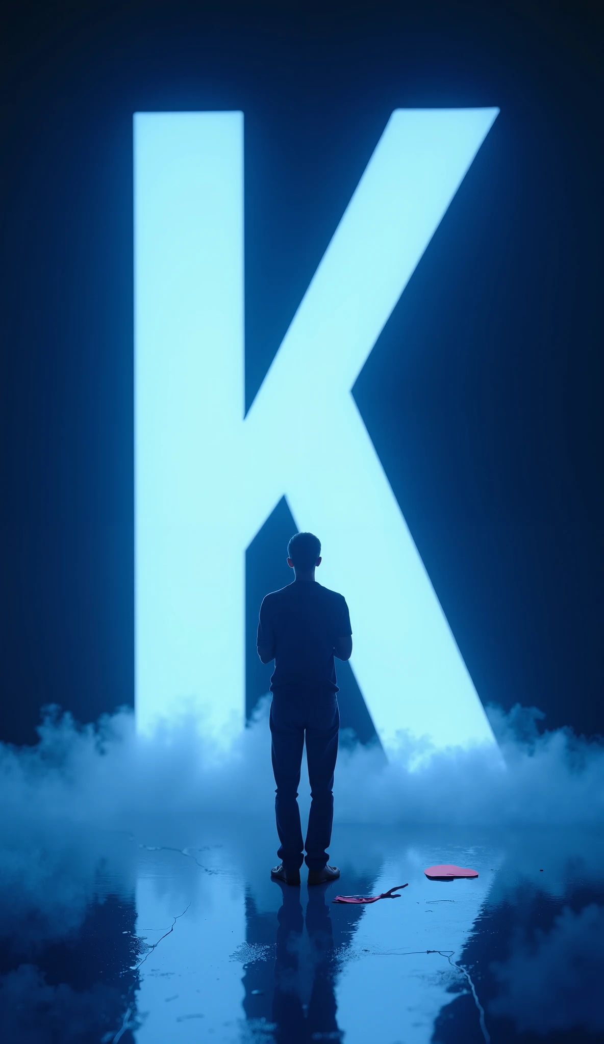 " High-style 3D rendering of a person standing in front of a letter. facing the giant 'K' camera that looks huge and glowing. . . The person is dressed . Long Legged Jeans.Suehood in . glowing blue , , standing in a meditative posture , , surrounded by a sheet of floating paper and a broken heart icon . The lighting is distinguished by soft shadows and focused highlights. S , , creating a cinematic and gloomy atmosphere against a dark background.