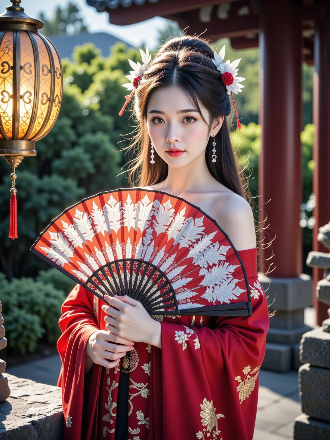 Ultra realistic portrait, Stunning delicate and refined Chinese woman stands in a quiet garden, holding a magnificent, exquisitely crafted luxurious fan that covers the lower part of her face, and her eyes are open; the fan has an elegant lattice, unique coloring, interweaving of bright feathers and silk tassels that sparkle in the soft golden light of a traditional Chinese lantern; the majestic beauty of the fan, the refined features of the woman's face, her striking gaze, evoke the unrivaled elegance and mystery of the East.